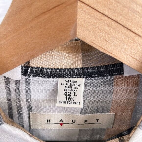 Haupt Germany Linen Blend Lawn Shirt Gray Brown Plaid Short Sleeve Mens Large - Picture 5 of 6